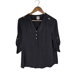 Anne Klein Black Flowy Blouse With Gold Details 3/4 Sleeves Sz M